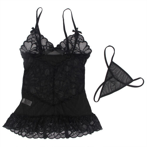 SUBBLIME - BABYDOLL CON TIRANTES AJUSTABLES Y ESTAMPADO FLORAL DE ENCAJE TRANSPARENTE NEGRO L/XL