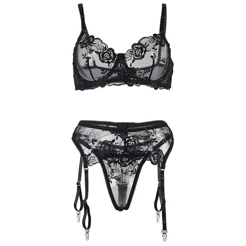 SUBBLIME - SET DE 3 PIEZAS SUJETADOR + TANGA + LIGA ESTAMPADO FLORAL NEGRO L/XL