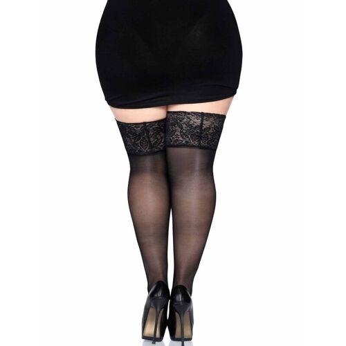 LEG AVENUE - MEDIAS NEGRAS AUTOADHESIVAS CON ENCAJE ANCHO PLUS SIZE