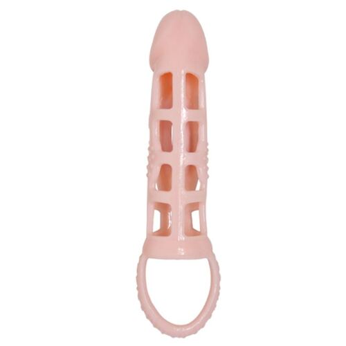 BAILE - FUNDA EXTENSORA PENE CON VIBRACION Y STRAP NATURAL 13.5 CM